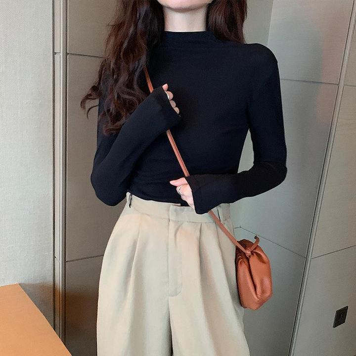 莫代尔长袖T恤女2023秋季新款复古修身显瘦内搭上衣半高领打底衫