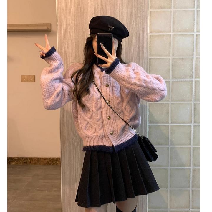 春秋粉色温柔复古马海毛麻花毛衣女开衫软糯撞色慵懒针织外套上衣