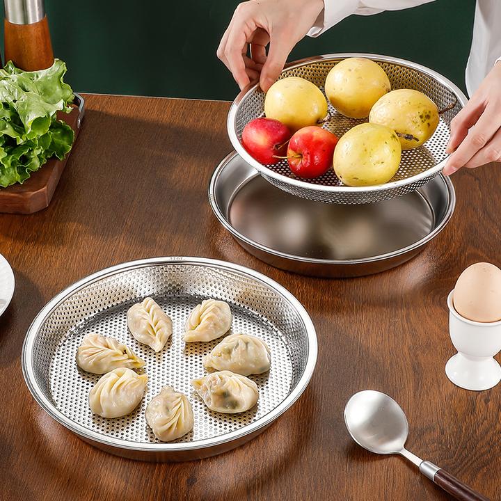316新款双层饺子盘（沥水蒸盘+平底实盘）滤油可单独当22公分锅蒸盘