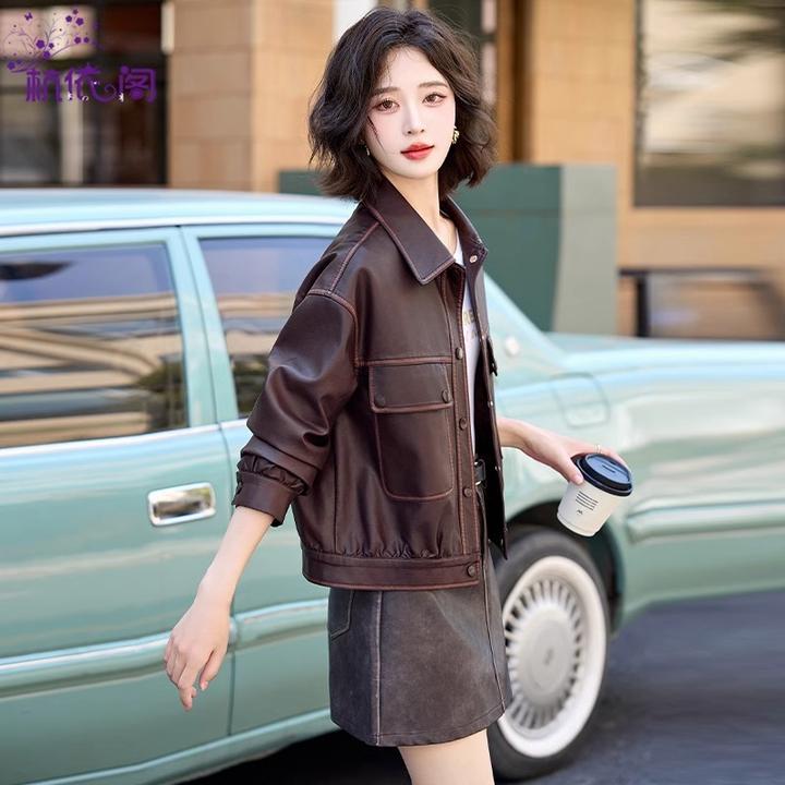 安可拉红皮衣外套女短款2025新款春秋高级感宽松复古机车PU皮夹克