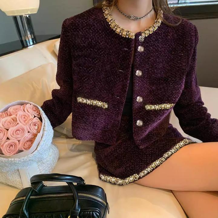 秋冬千金富家千金名媛紫色丝绒编织重工亮钻小香风外套短裙套装女