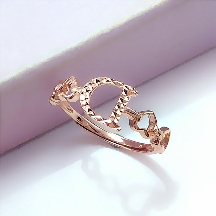 福福金楼585紫金车花纹字母活口戒精致时尚显白14K玫瑰金戒指