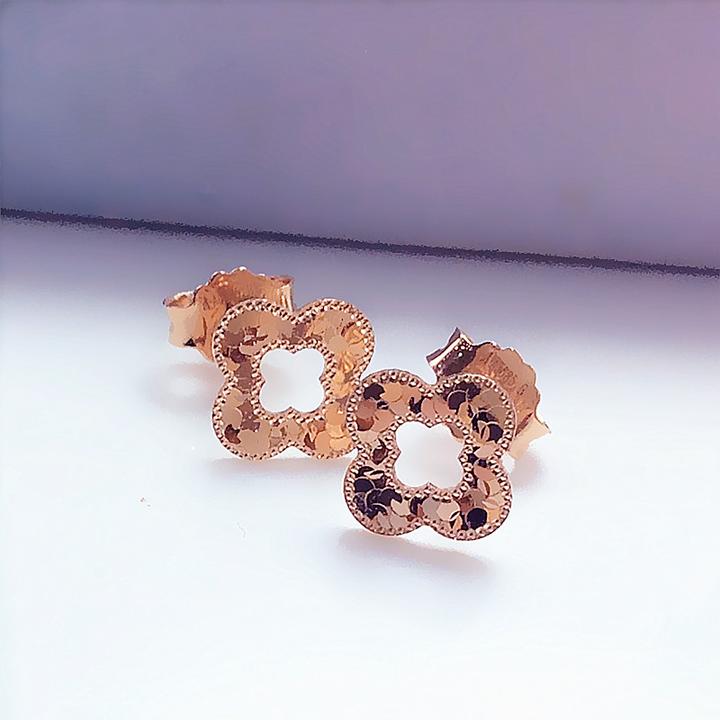 福福金楼585紫金龙鳞四叶草耳钉时尚闪亮气质14K玫瑰金耳饰