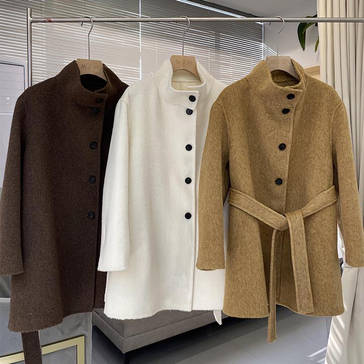 秋冬立领系带小个子女双面呢大衣时尚宽松中长款气质休闲毛呢外套