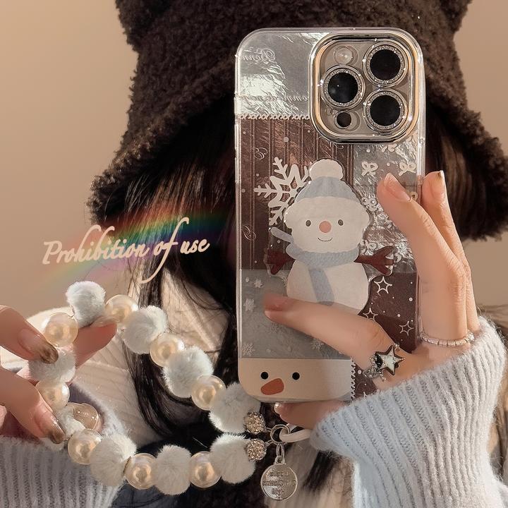 立体雪人格纹拼接适用15promax手机壳苹果16冬日13手链14毛绒12硬