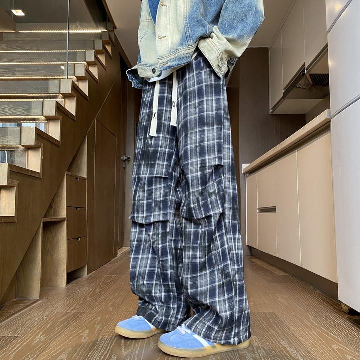 秋季新款美式复古格子压褶宽松休闲卫裤K806M5XL