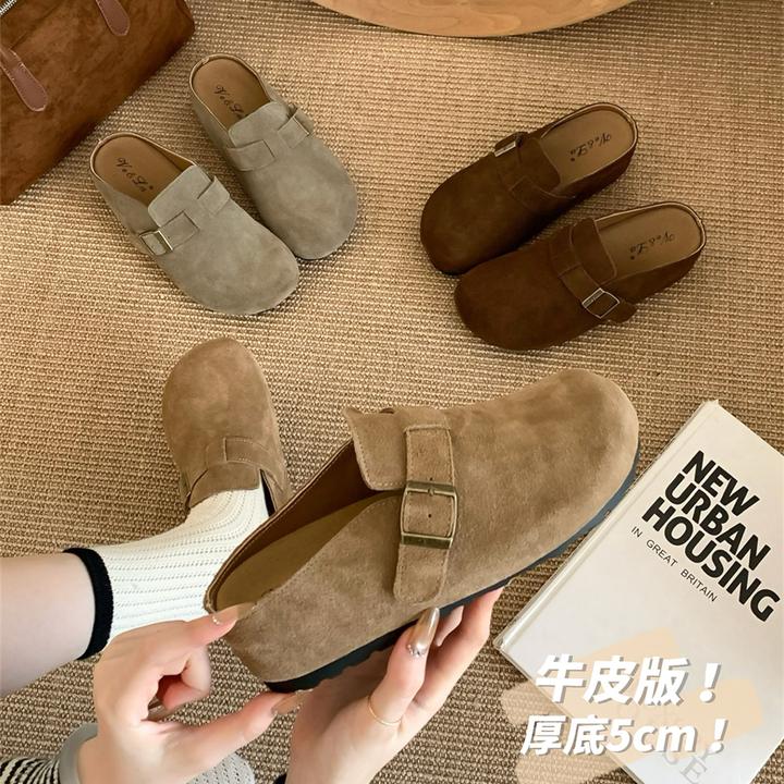 厚底5.0CM~复古真皮包头勃肯鞋女秋冬季半拖软底懒人博肯鞋一脚蹬