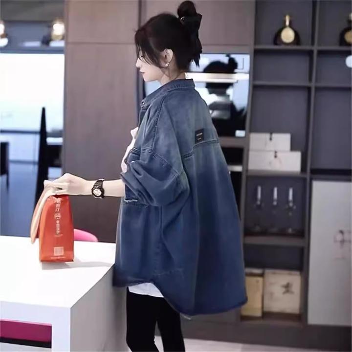 复古港味牛仔衬衫外套女2024春秋新款慵懒风设计感宽松中长款衬衣