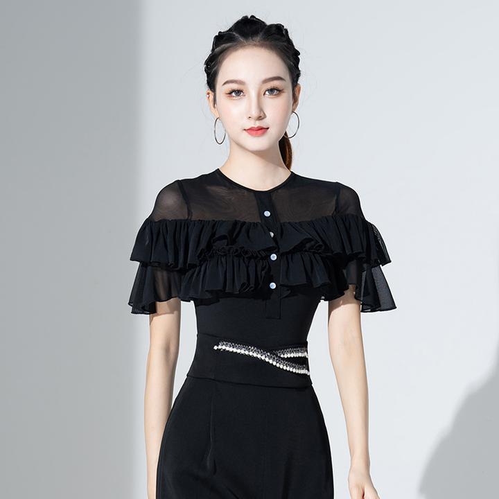 摩登舞上衣女夏季新款网纱荷叶国标舞吉特巴舞蹈连体衣拉丁舞短袖