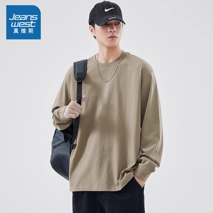 Jeanswest/真维斯纯棉长袖T恤男2025新款圆领纯色薄款休闲上衣男
