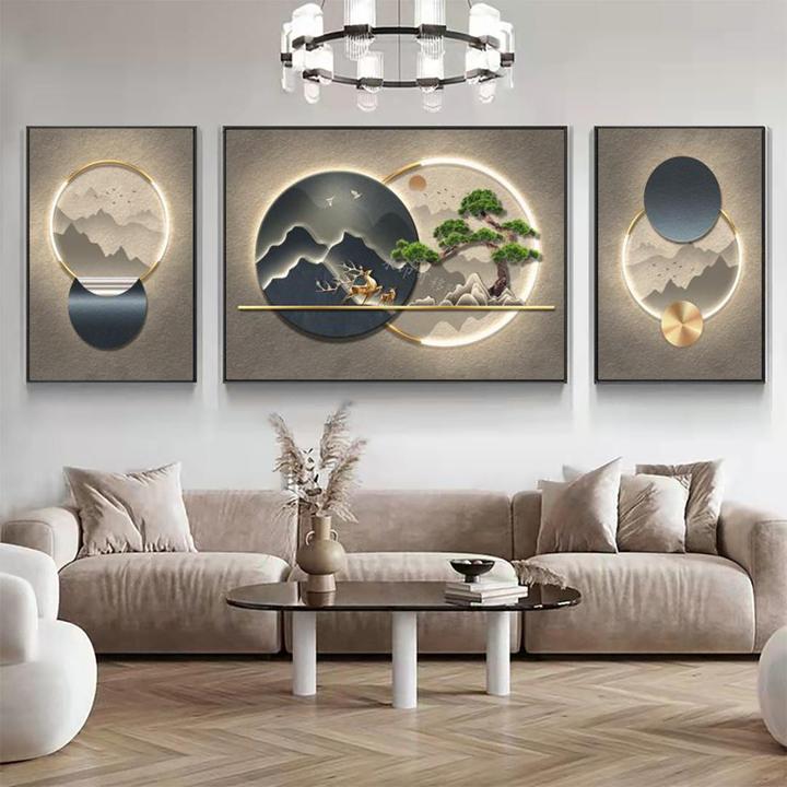 新中式迎客松客厅装饰画现代轻奢沙发背景墙三联挂画晶瓷镶钻壁画