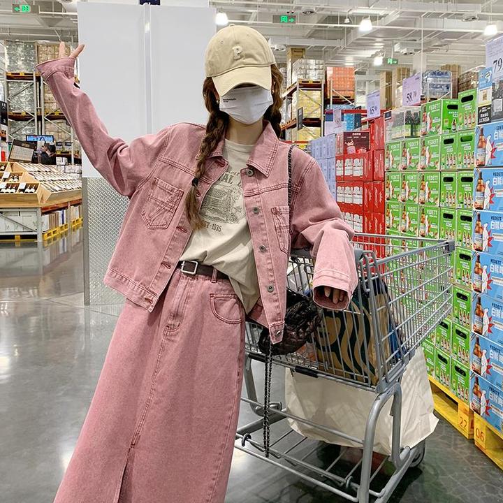 干枯玫瑰粉色牛仔套装女春秋小个子高级感短外套半身裙休闲