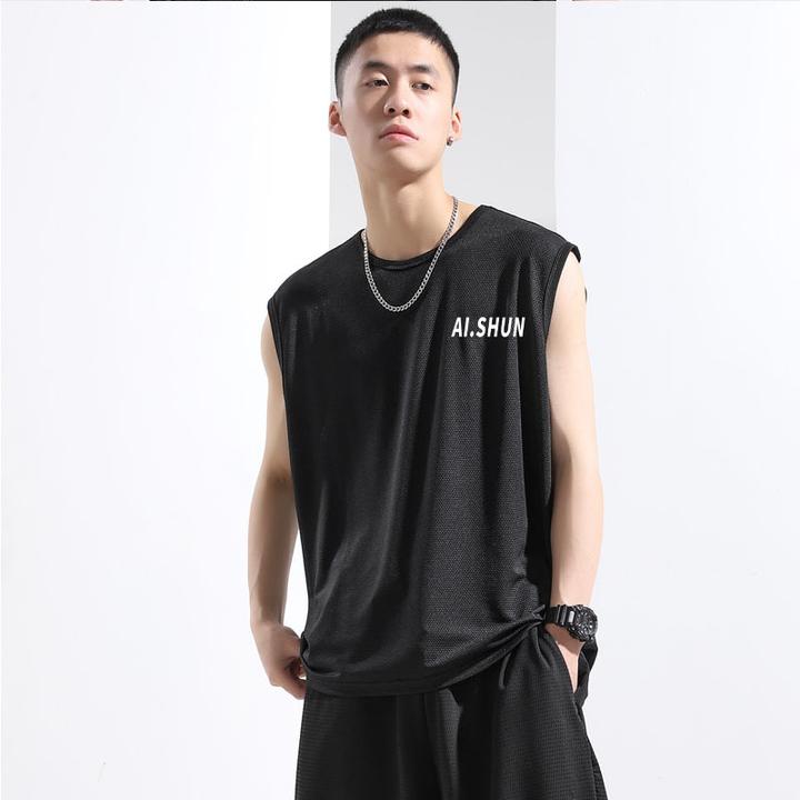 夏季运动背心短裤跑步套装男速干坎肩冰丝薄款无袖短袖健身T恤衫