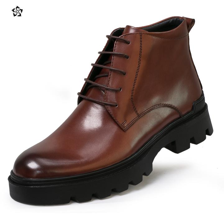 新款加绒切尔西靴真皮厚底男靴牛皮矮靴圆头冬季保暖靴子英伦风