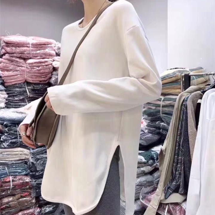 2025春秋韩版V领白色纯色中长款打底衫时尚休闲宽松百搭长袖T恤女