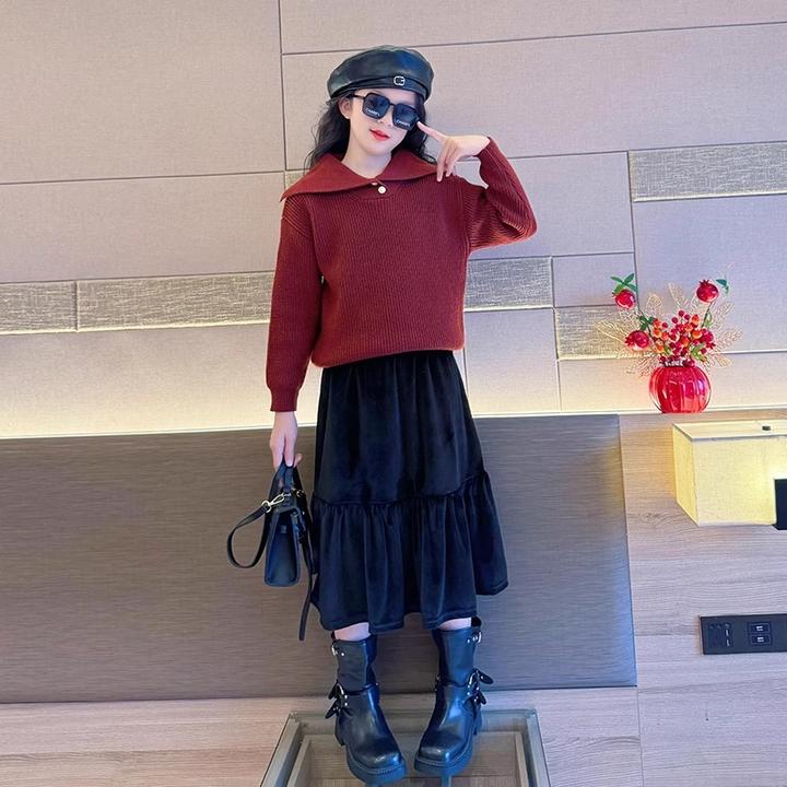 毛衣女大童秋冬2024新款时尚洋气爆款儿童针织衫套装加厚红色冬装