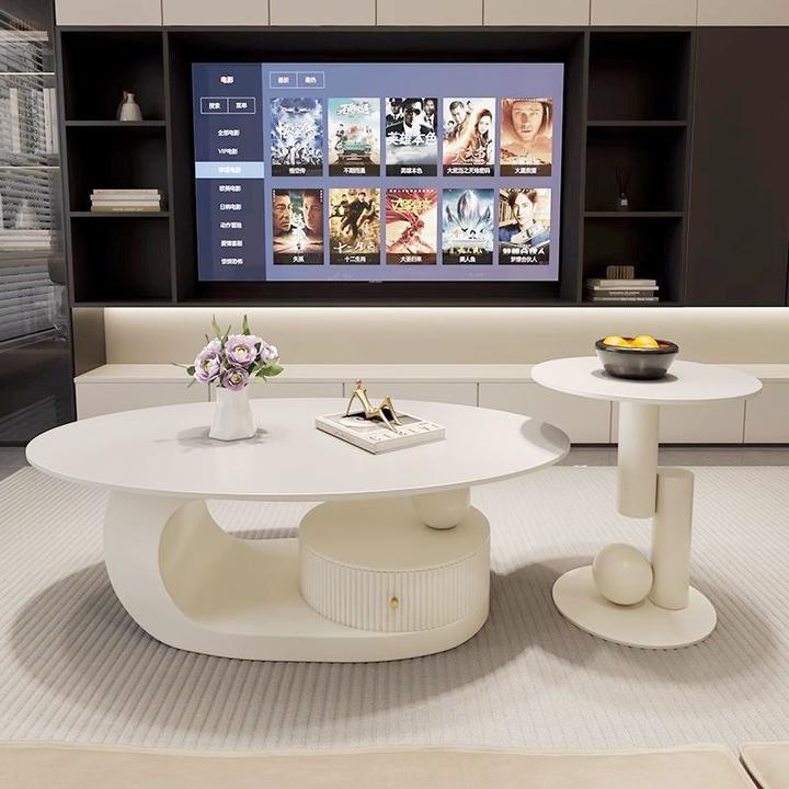 2024年新款奶油风岩板边几椭圆形茶几小户型轻奢客厅家用铁艺茶几