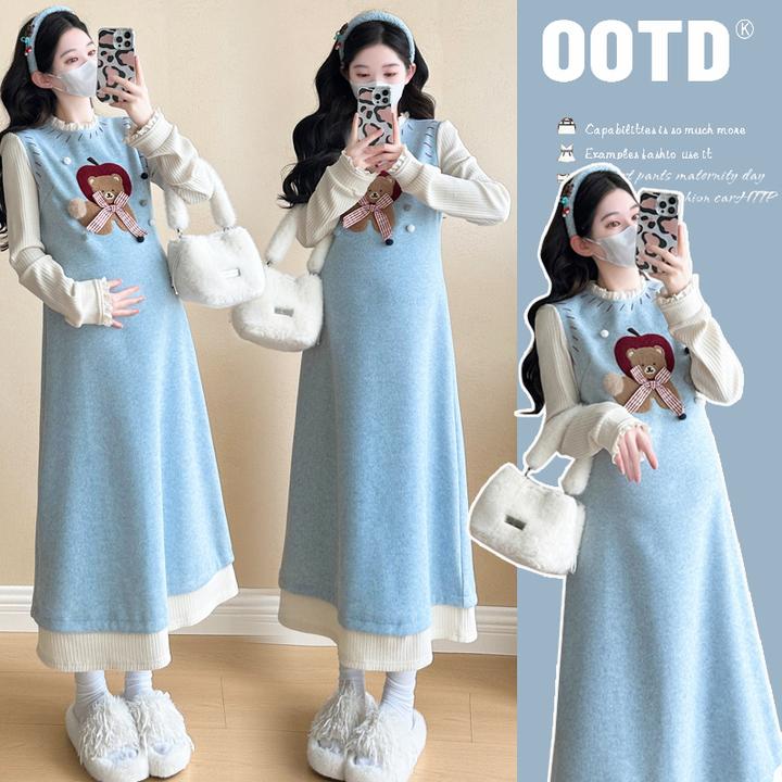 孕妇装 千金感连衣裙女小个子秋冬减龄穿搭miu系中长裙子