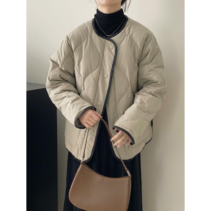 小香风撞色拼接无领菱格羽绒棉服女冬季超好看短款圆领棉衣外套