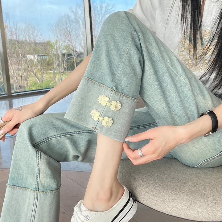 新中式国风盘扣直筒牛仔裤女2024夏季薄款高腰九分小个子烟管裤