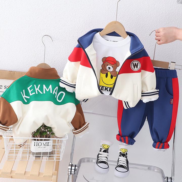 【沫沫家】儿童拼色立领休闲裤套装小男孩女宝宝女童运动服三件套