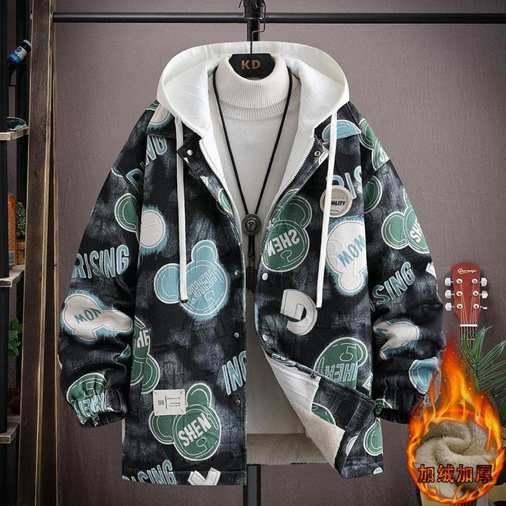 冬季外套男加绒加厚保暖冬装棉衣青少年学生秋冬款假两件连帽夹克