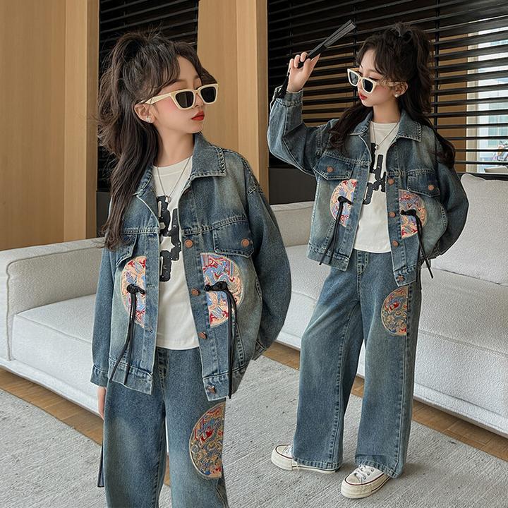 女童套装春秋2024新款中大童新中式牛仔两件套女孩高品质儿童春装