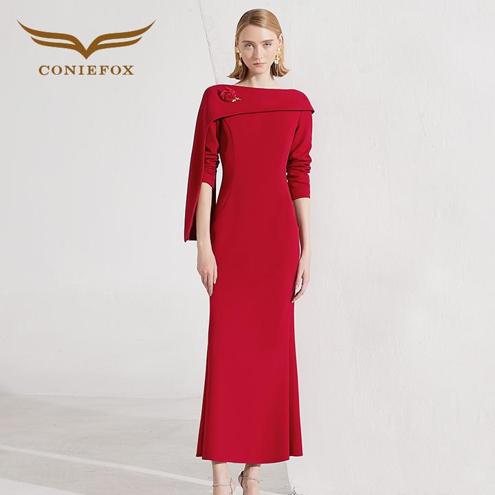 创意狐端庄大气订婚礼服2024新款红色敬酒服冬季长款礼服