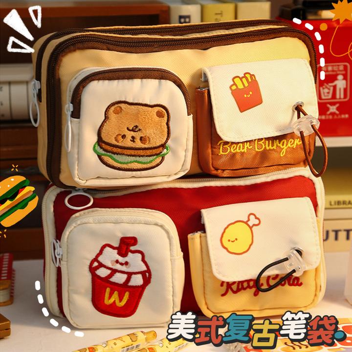 复古汉堡笔袋ins高颜值小学生3-6年级大容量儿童初中生男孩文具袋