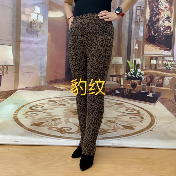 2024冬季新款中老年豹纹加绒厚款打底棉裤高腰弹力妈妈保暖棉裤