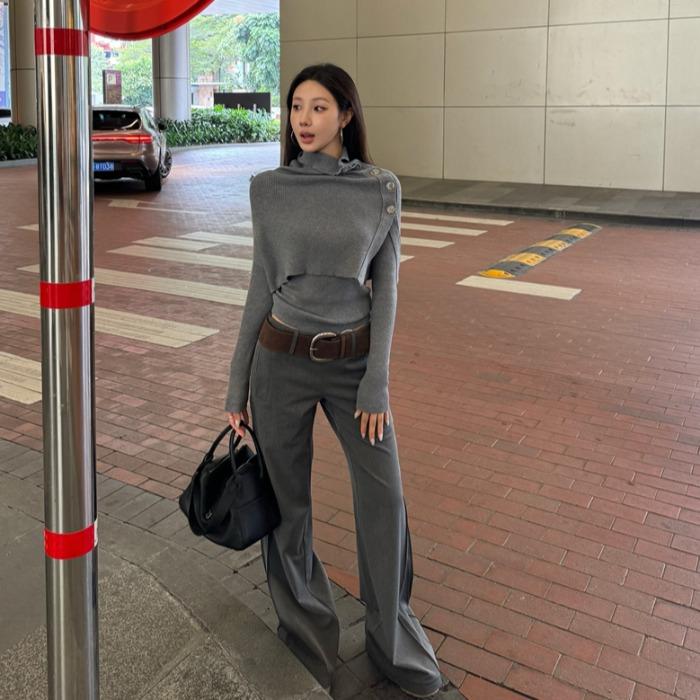 复古辣妹加厚灰色休闲裤女春季低腰垂感西装长裤显瘦微喇叭拖地裤
