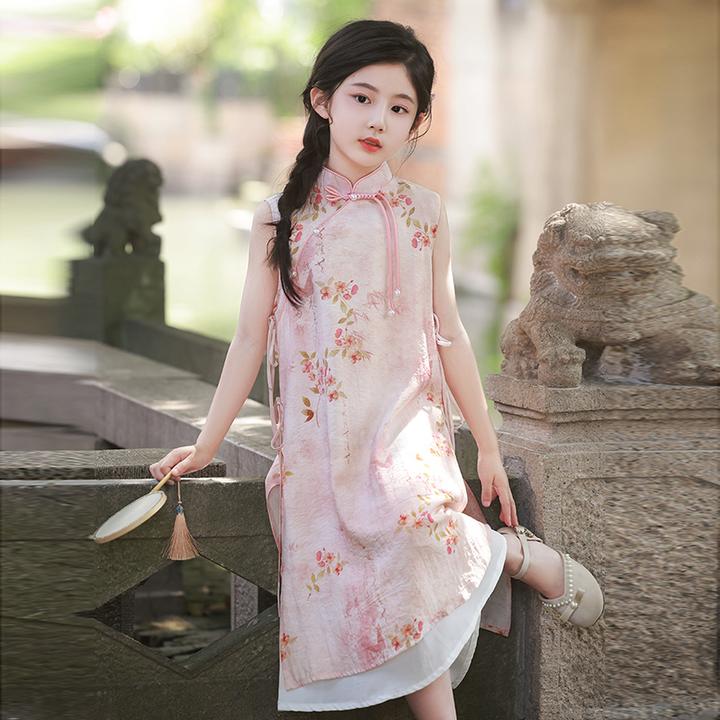 女童汉服连衣裙国风旗袍裙子新中式奥黛夏款碎花公主裙女孩演出服