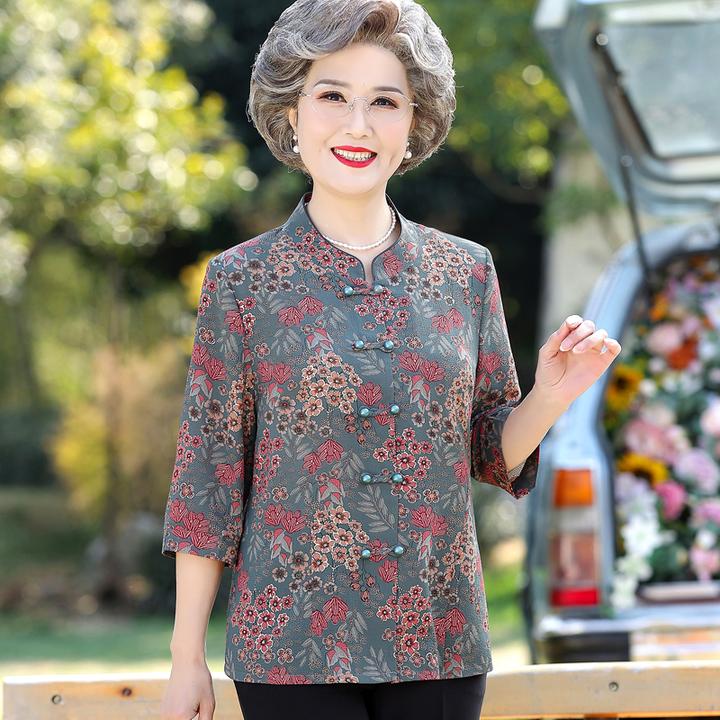 老年人夏装女七分袖上衣妈妈太太春装衬衫70岁80奶奶唐装衬衣套装