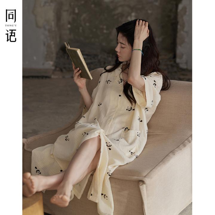 同语2025年新款睡裙女夏季梭织纯棉短袖家居服甜美睡衣女士夏天薄