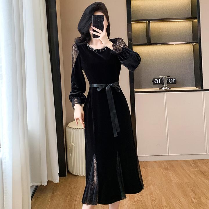 秋冬丝绒裙打底内穿  网纱拼接钉珠中长款大码丝绒连衣裙女
