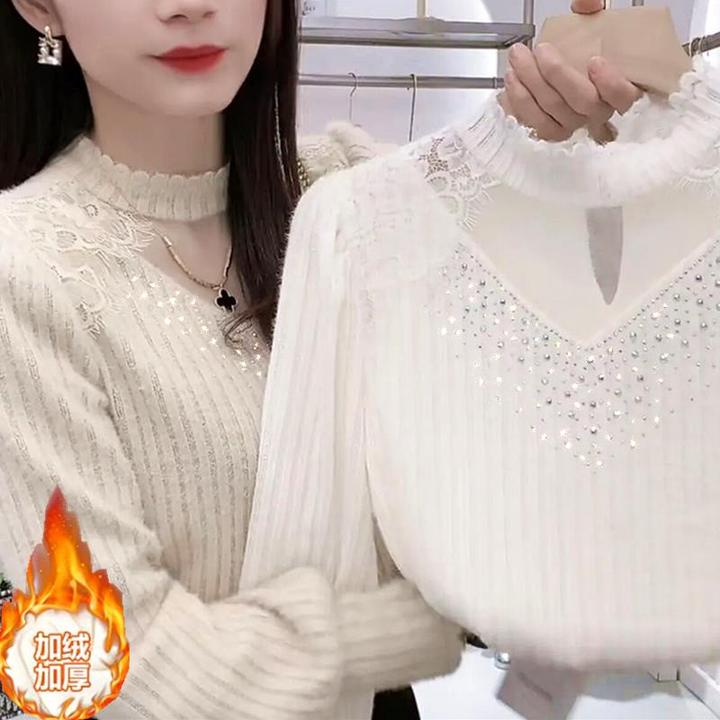 加绒镶钻磨毛植绒蕾丝打底衫女长袖冬季遮肚显瘦加厚保暖内搭小衫