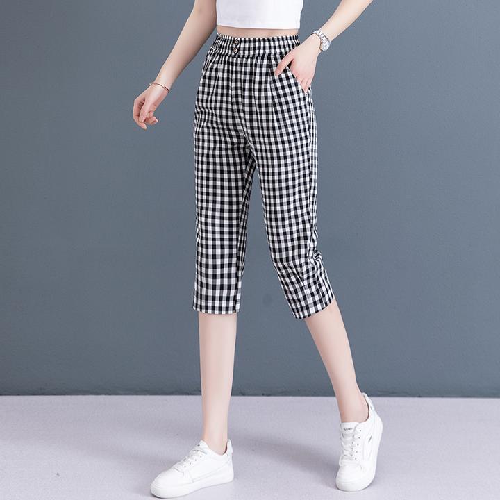 黑白格子裤女休闲七分裤夏薄款哈伦裤2024新款显瘦松紧高腰马裤子