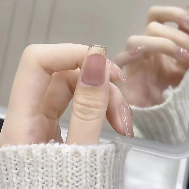 纯手工光疗美甲金色法式猫眼穿戴甲成品重复使用美甲贴片可拆
