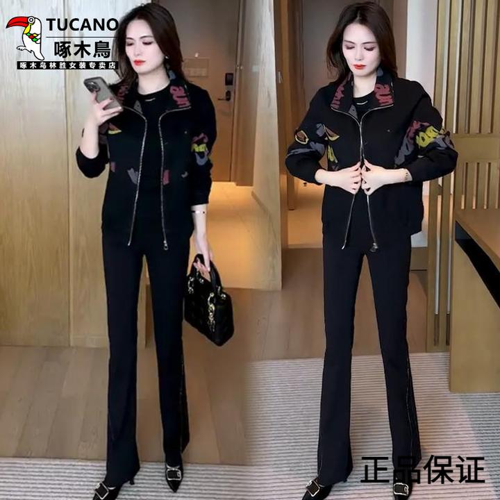 啄木鳥秋冬女短外套印花宽松春装休闲韩版时尚秋季运动减龄