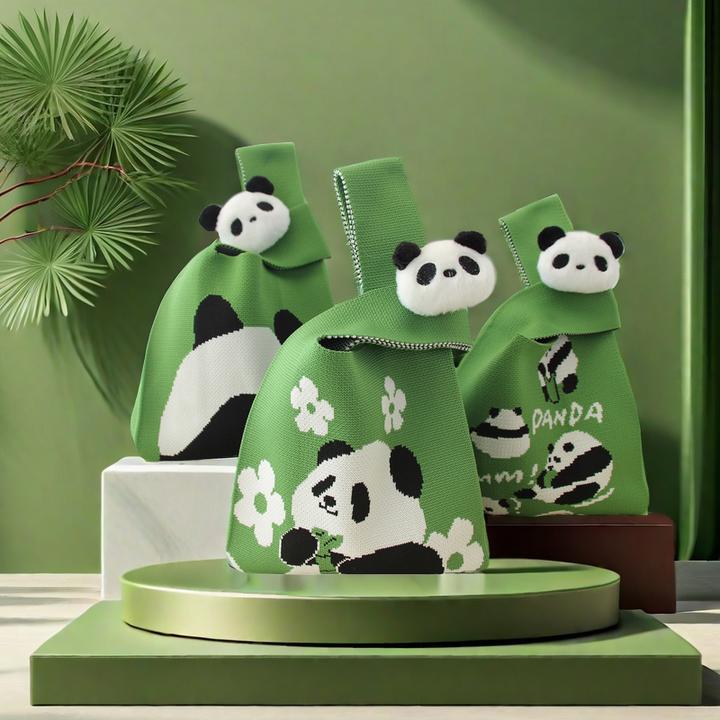 可爱熊猫针织编织包女包手提包百搭伴手礼水桶包