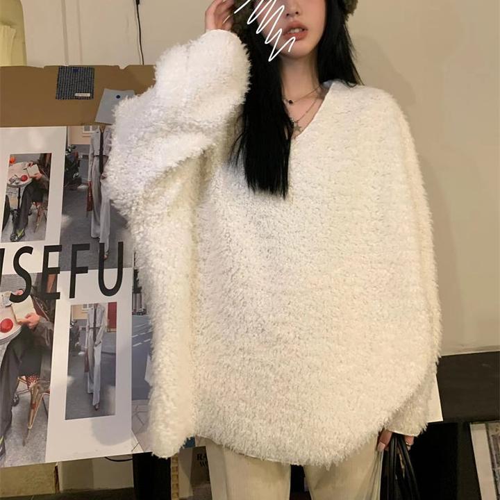 慵懒风软糯复古气质v领毛衣女秋冬宽松设计感毛衣中长款长袖上衣