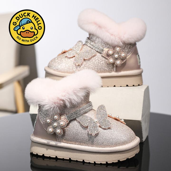 小黄鸭童鞋2024冬季新款皮毛一体女童雪地靴公主保暖儿童棉鞋防滑