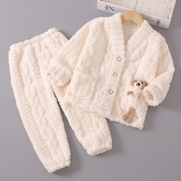 秋冬季儿童法兰绒睡衣男孩男童加厚珊瑚绒女童宝宝家居服套装