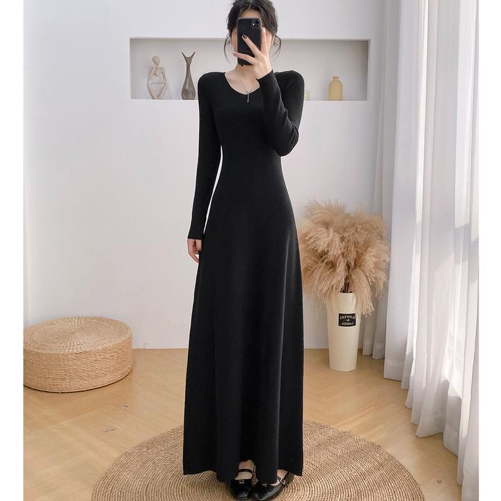 超长款高个子v领修身长袖针织加长款到脚踝及地配大衣内搭连衣裙