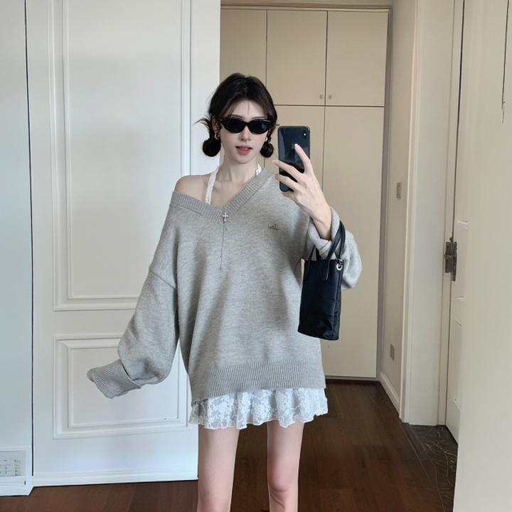 2024秋冬中长款内搭宽松慵懒风针织衫打底衫灰色v领毛衣女上衣