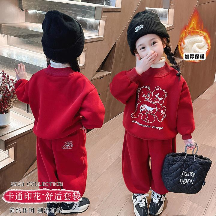 女童冬季加绒套装2023新款中小童红色运动一体绒儿童加厚两件套