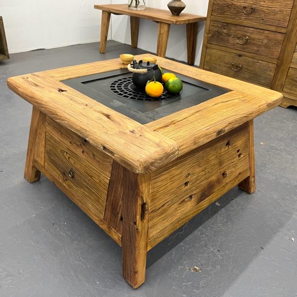 侘寂风 围炉煮茶老木桌 电碳两用原木带抽屉庭院阳台民宿拙木巧作