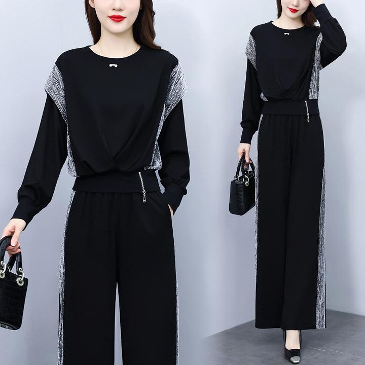 时尚套装女2024秋冬新款高级感显瘦撞色长袖上衣阔腿裤两件套8205