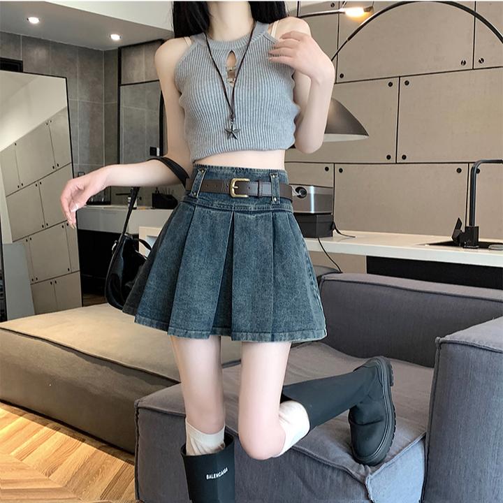 蓝色复古牛仔百褶裙女春夏新款小个子高腰显瘦A字设计感半身短裙