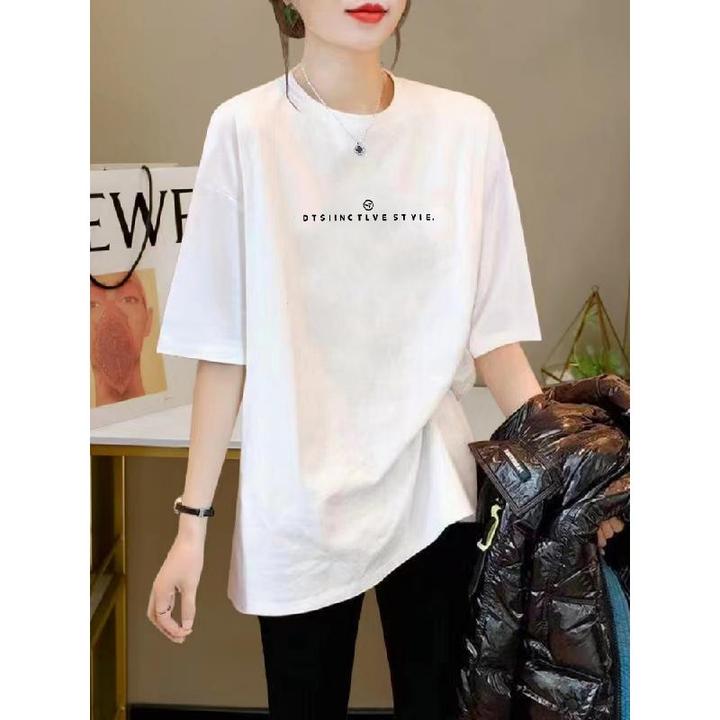 白色圆领短袖t恤女2023年夏季新款设计感宽松纯棉字母中长款白t恤